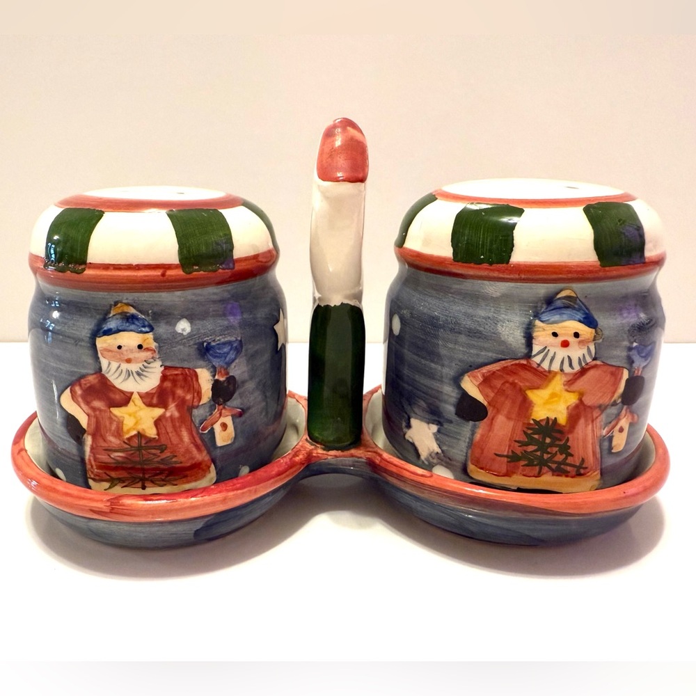 Christmas Salt and Pepper Set – Hand-Painted Ceramic – Matching Holder